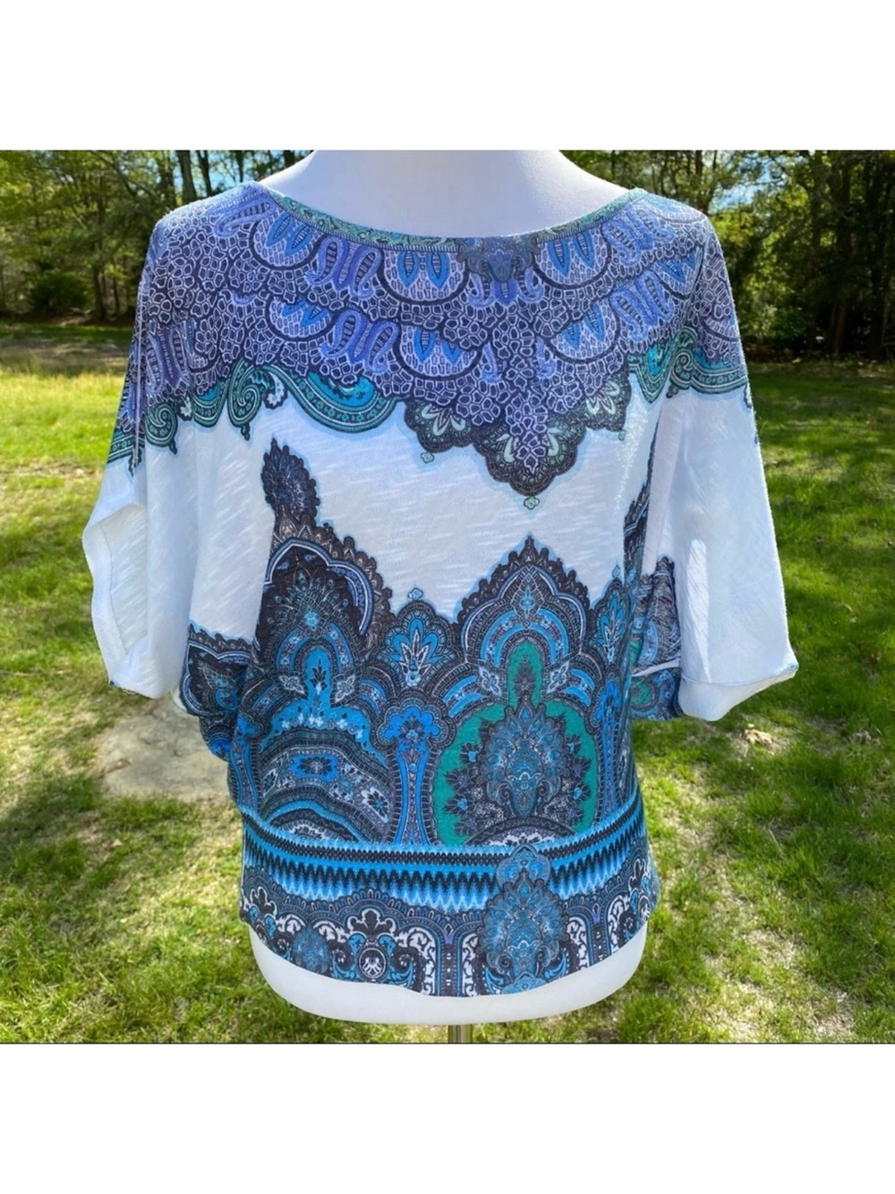 CACHE TOP TEE SHORT DOLMAN SLEEVE WHITE BLUE Size S